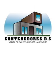 Logotipo para Contenedores DS, venta de contenedores habitables, que representa una moderna casa contenedor con cielo azul.