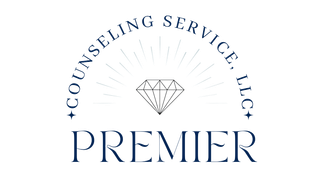 Logo for Premier Counseling Service: Diamond with sunburst rays, text 