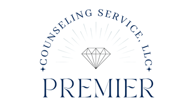 Logo for Premier Counseling Service: Diamond with sunburst rays, text 