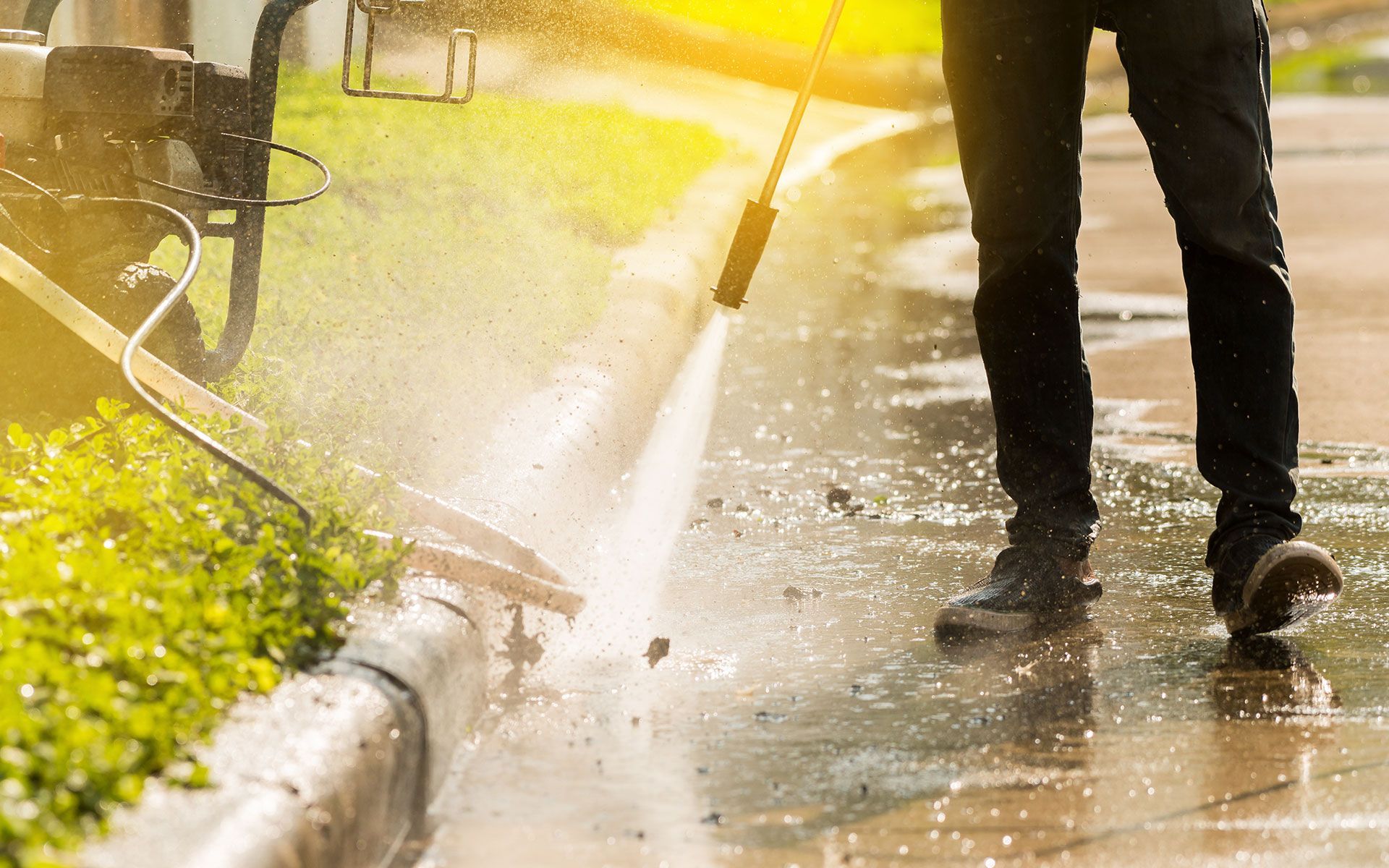 Person power washing a curb on a sunny day, creating spray and cleaning debris.
