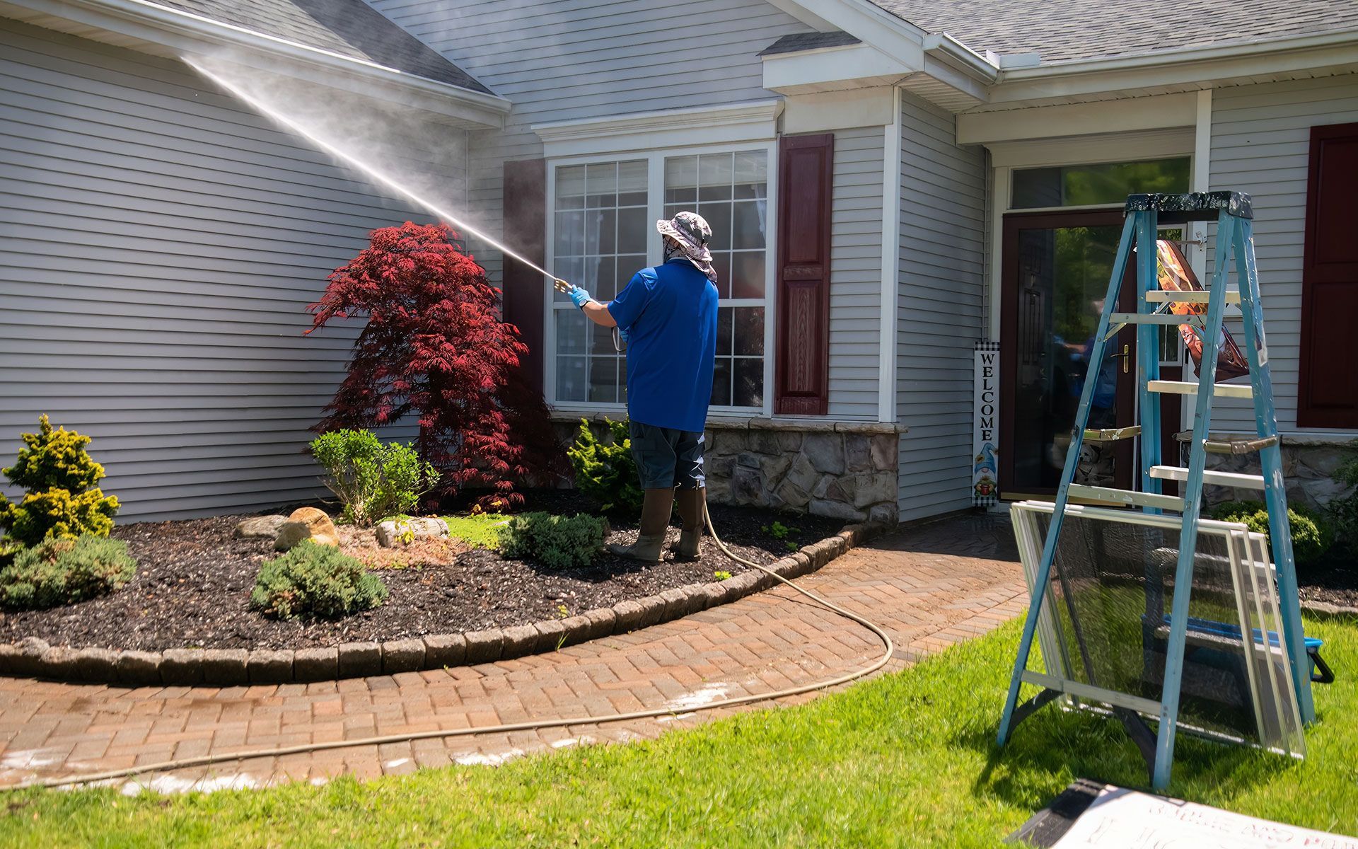 Man power washing a house exterior, with a ladder and plants nearby.
