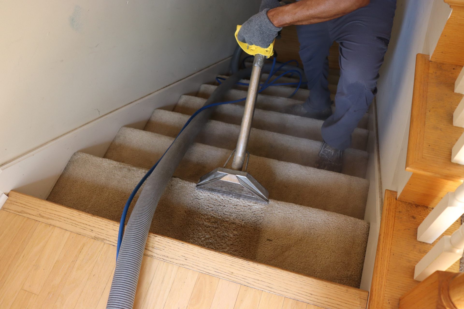Person vacuuming carpeted stairs with a hose vacuum cleaner