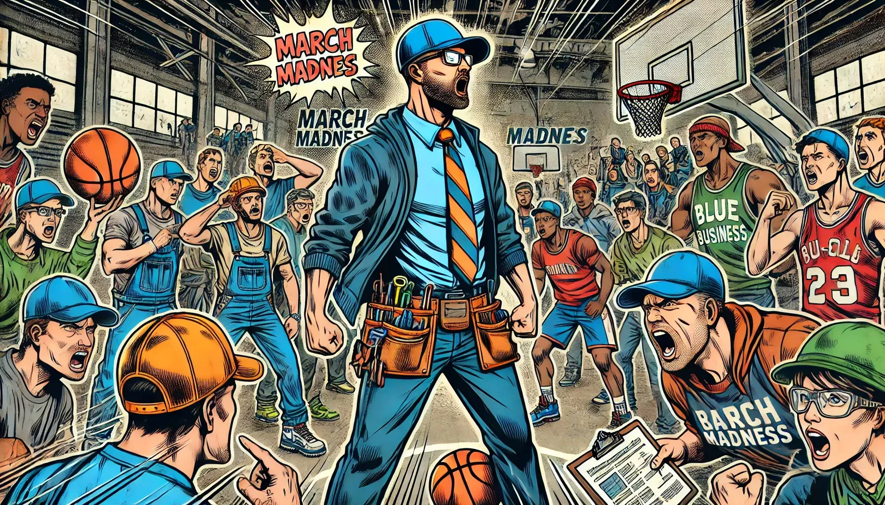 A man in a suit and tie is standing in front of a crowd of basketball players.