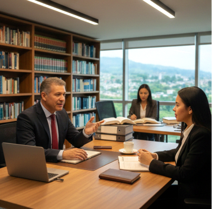 Abogados conversando en una mesa de una biblioteca. Uno gesticula, otros consultan documentos y libros cercanos.