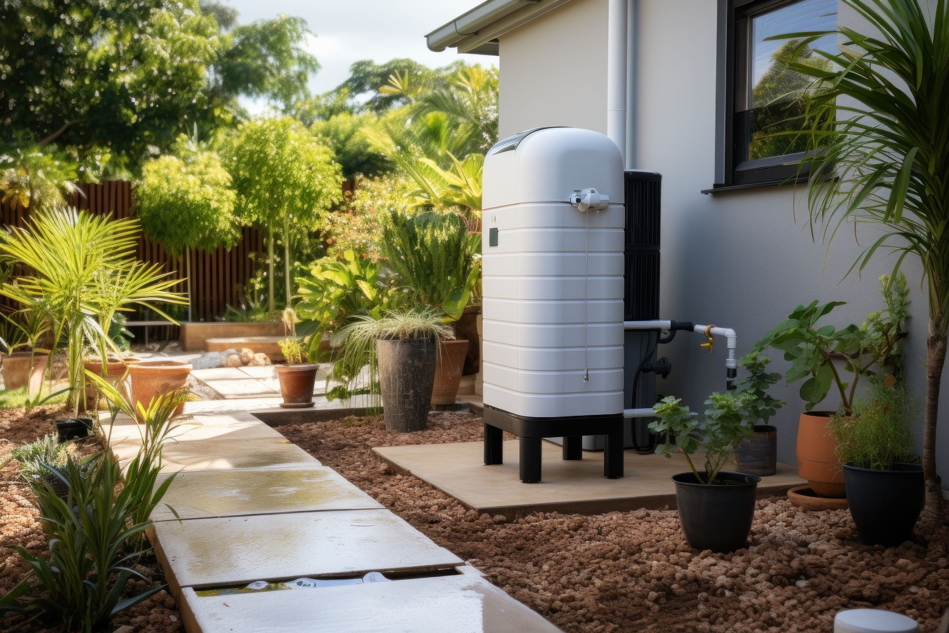 A white water tank is sitting in the backyard of a house.