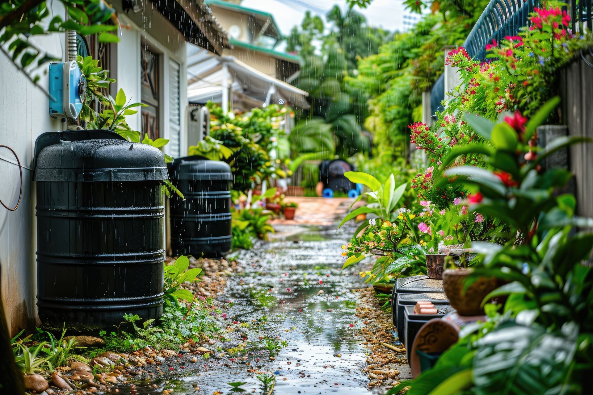 A path leading to a house surrounded by plants and flowers on a rainy day.