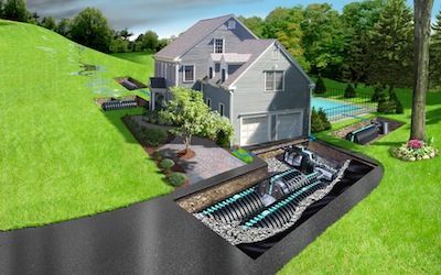 An illustration of a house with a septic system in the backyard.