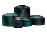 A group of black and green water tanks are stacked on top of each other on a white background.