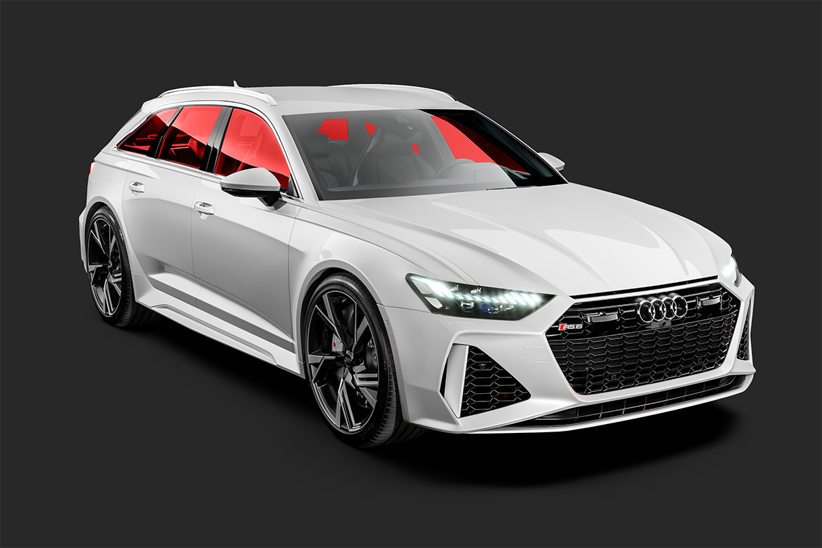 White Audi RS6 Avant with red tinted windows, black wheels, and a black grill.