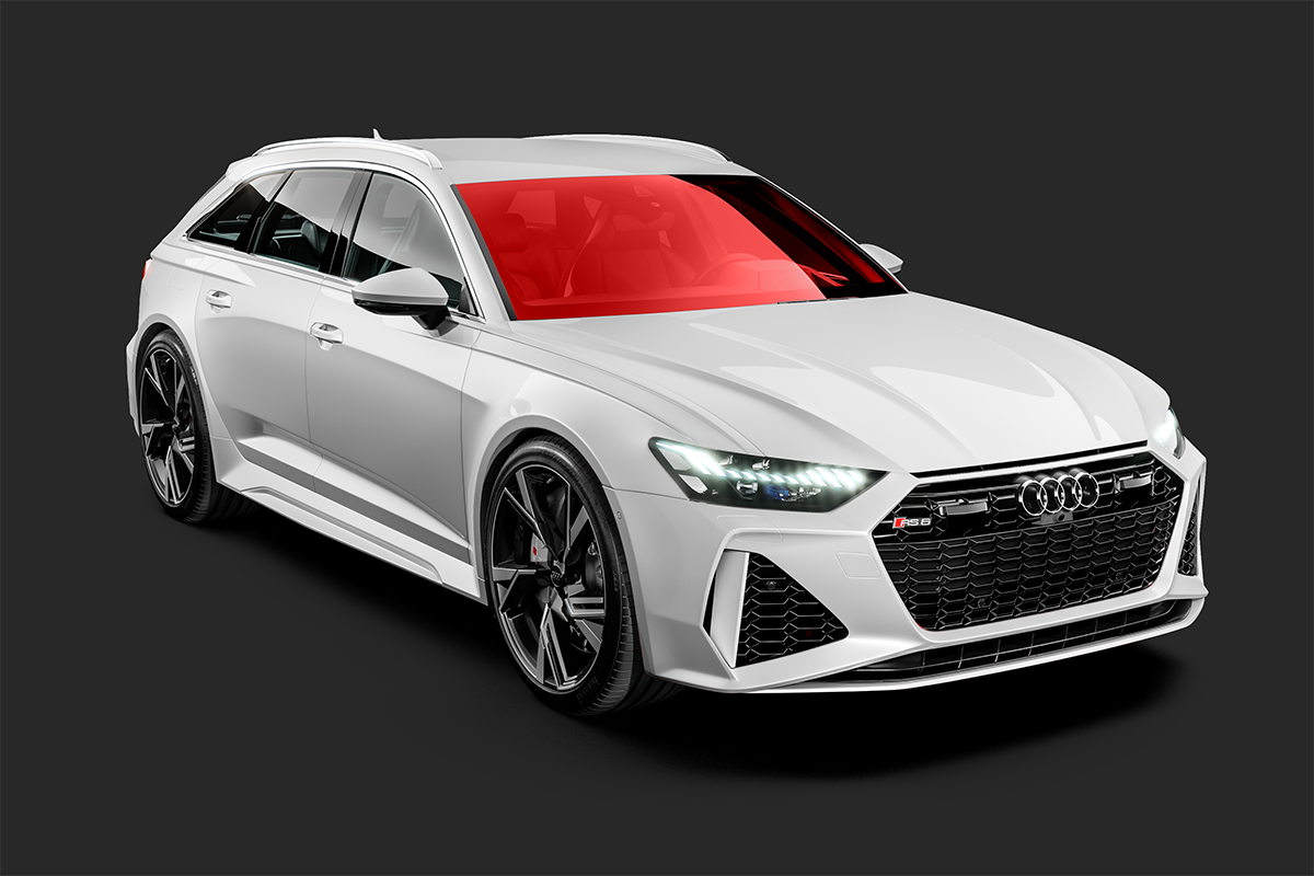 White Audi RS6 Avant with red tinted windshield on dark background.