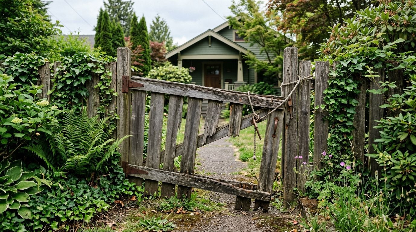A rustic, weathered wooden gate stands slightly ajar in a lush, overgrown garden, leading to a small house beyond.