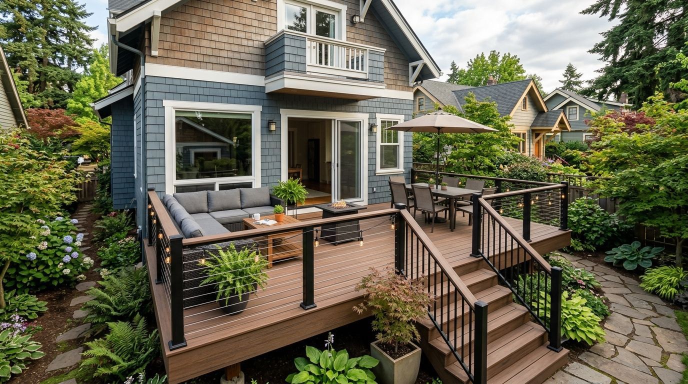 A backyard deck made of stained dark wood, enclosed by a matching wooden privacy fence next to a house exterior.