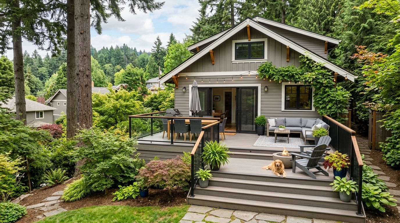 A dark-stained wooden deck bordered by a matching fence, situated next to the gray-sided wall of a house.