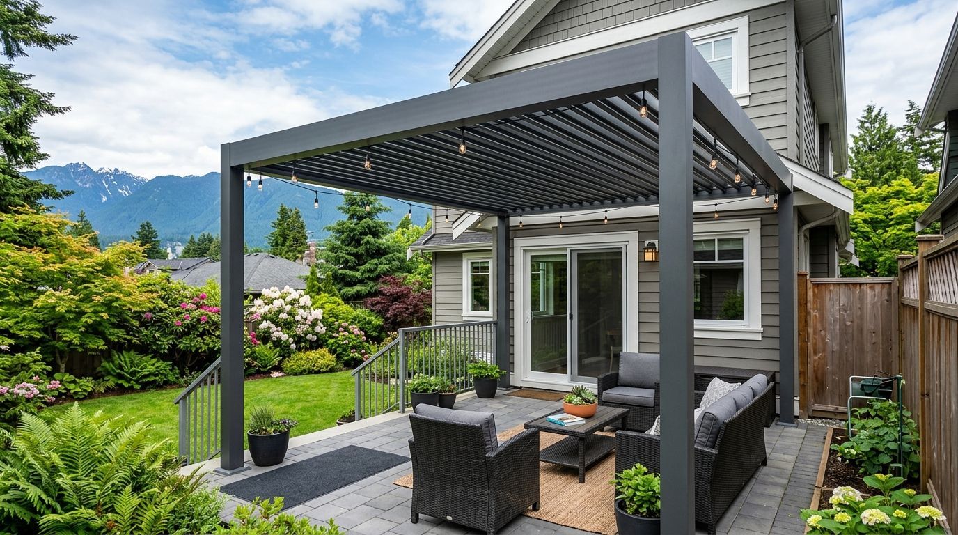 A porch features a dark hanging swing and a black rocking chair on a wood-plank floor, with a white house in the background.