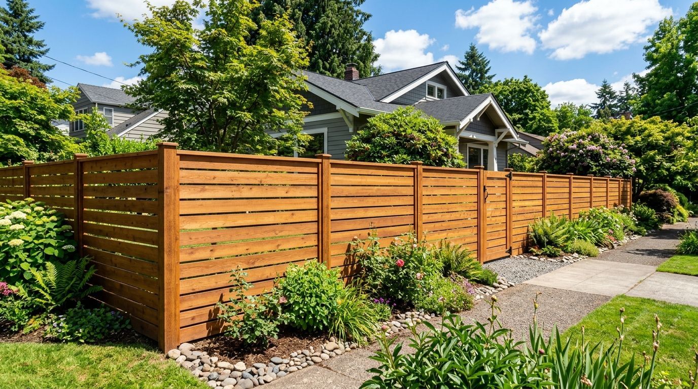 A close-up view of a rustic wooden post fence with a soft-focus background of trees.