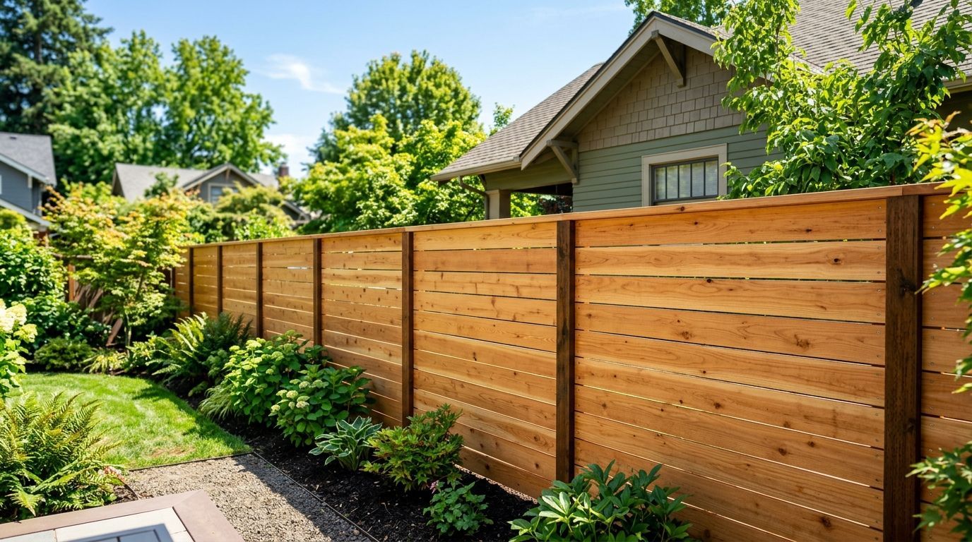 A close-up of a weathered, vertical wooden post fence with a blurred green background.