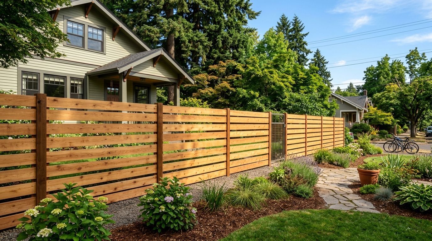 A tall, white vinyl privacy fence stands behind a landscaped garden with small trees and bushes.