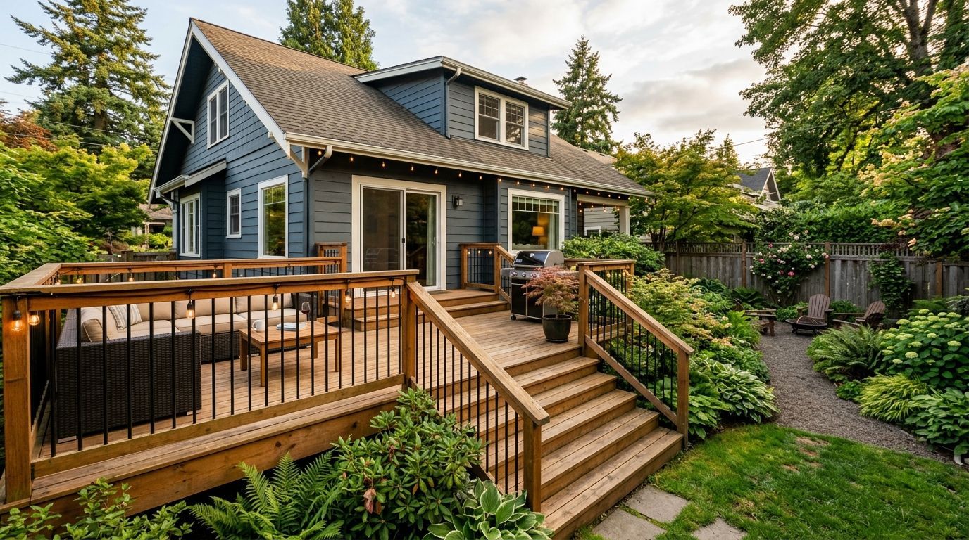 Weathered, gray wooden deck planks laid vertically with natural grain patterns and dark gaps between them.