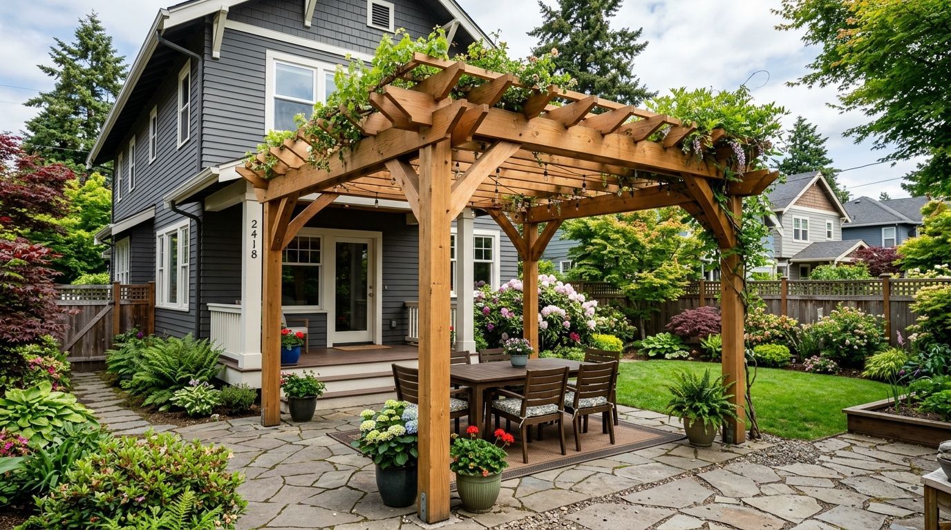 A beige-toned image shows a wooden pergola over a stone patio and stairs next to a residential house.