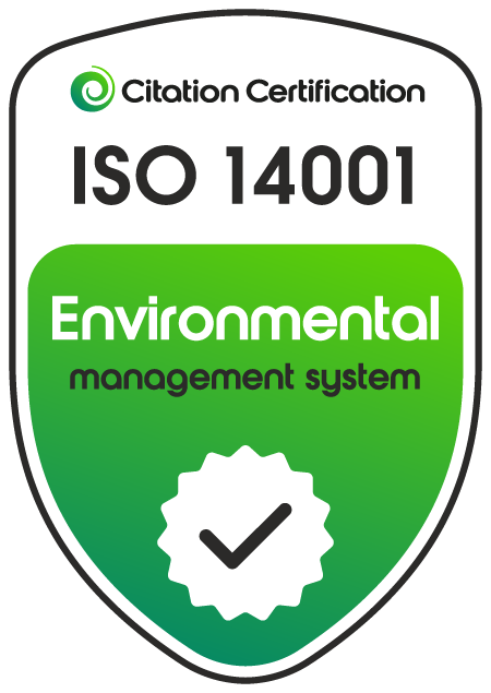 ISO 14001 environmental management system certification badge. Green and white shield with checkmark, text.