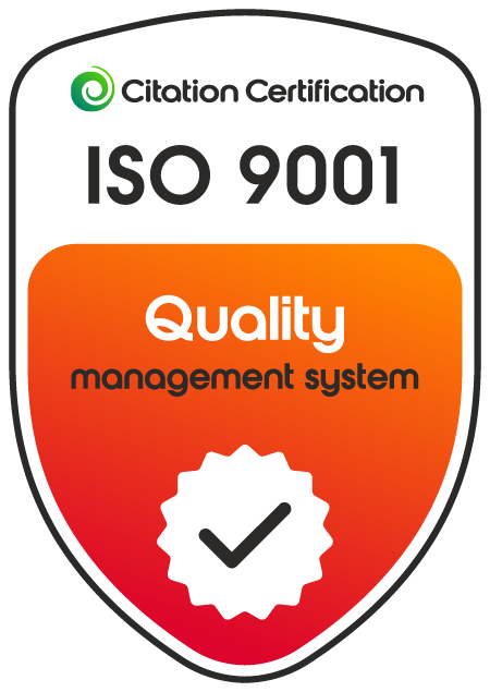 ISO 9001 certification badge with orange and red gradient, white checkmark, and the words 