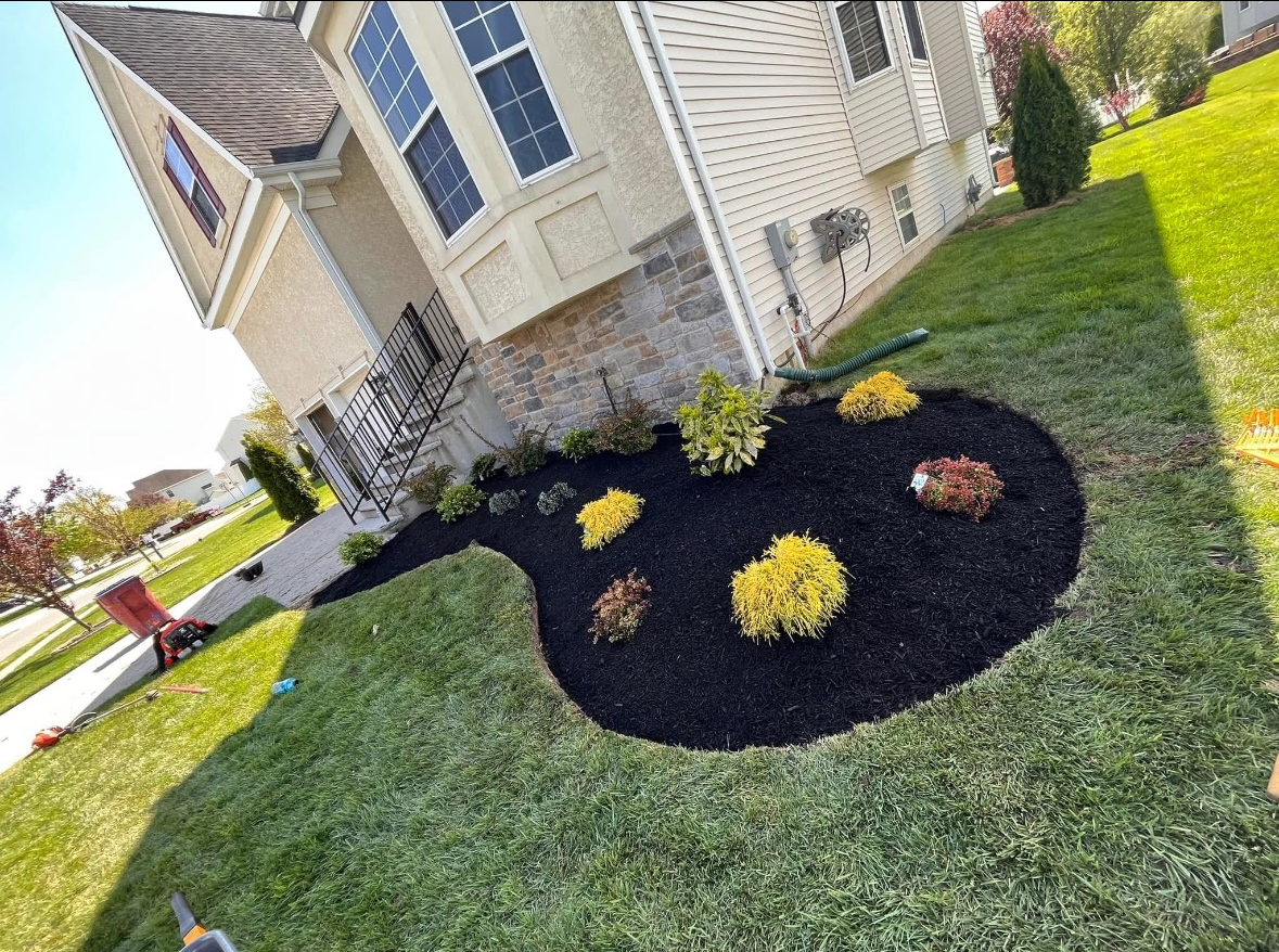 A landscaped flower bed in front of a house with dark mulch and colorful plants.