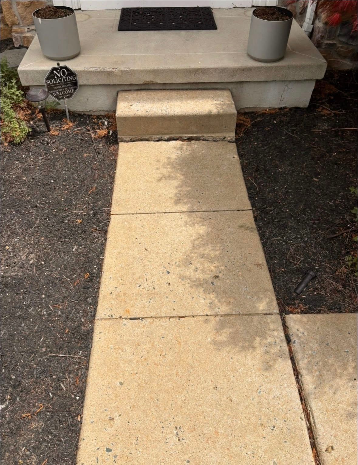 Concrete walkway leading to a home's concrete steps and entrance. Two potted plants sit at the entrance.