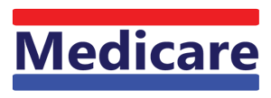 A red , white and blue logo for medicare