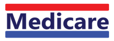 A red , white and blue logo for medicare