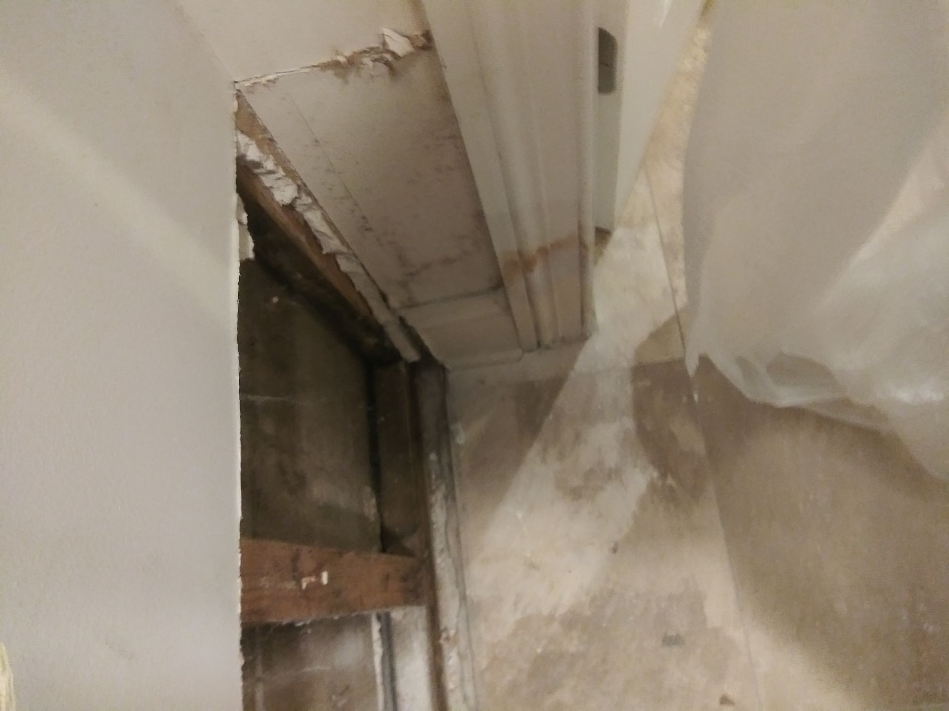 A corner of a room with a door and a plastic bag on the floor.