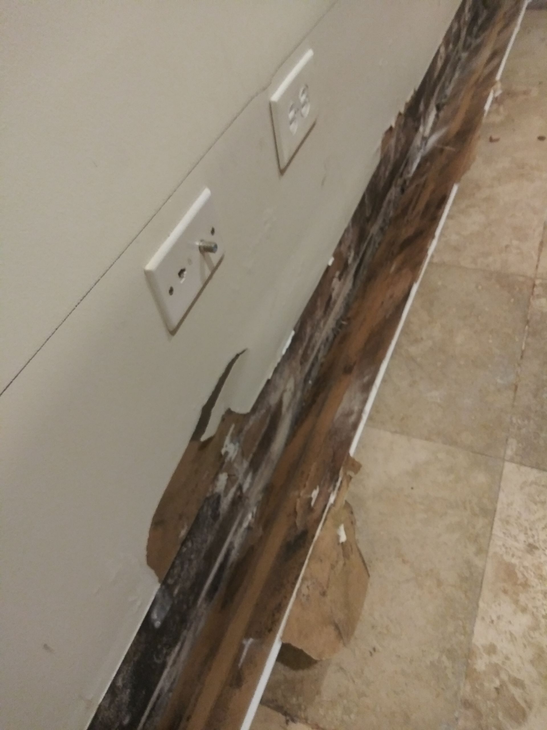 A white wall with two electrical outlets on it