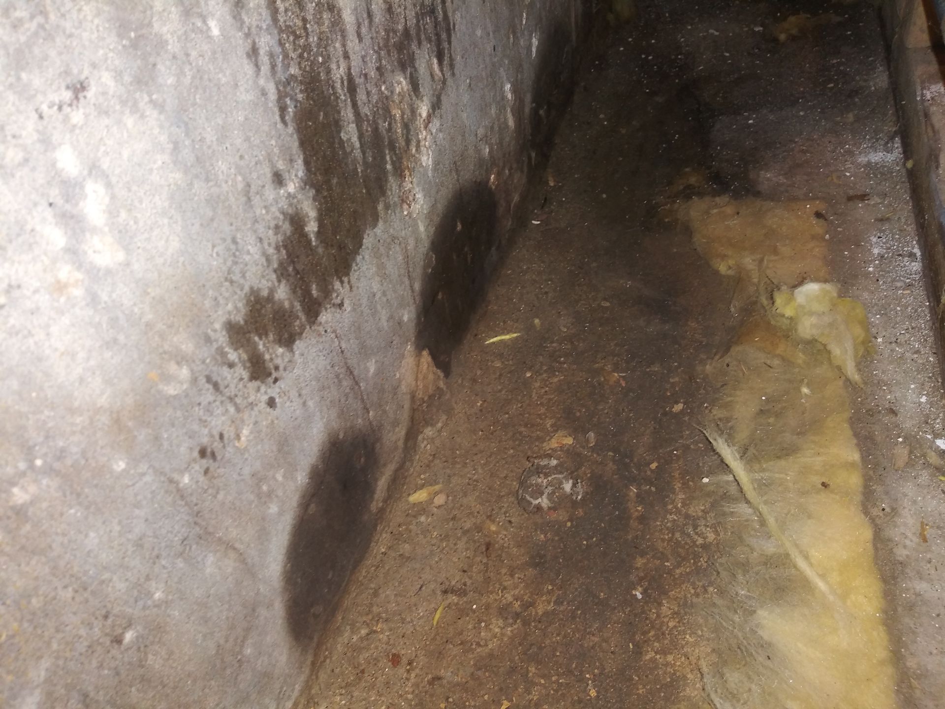 A dirty room with a concrete wall and a dirty floor.