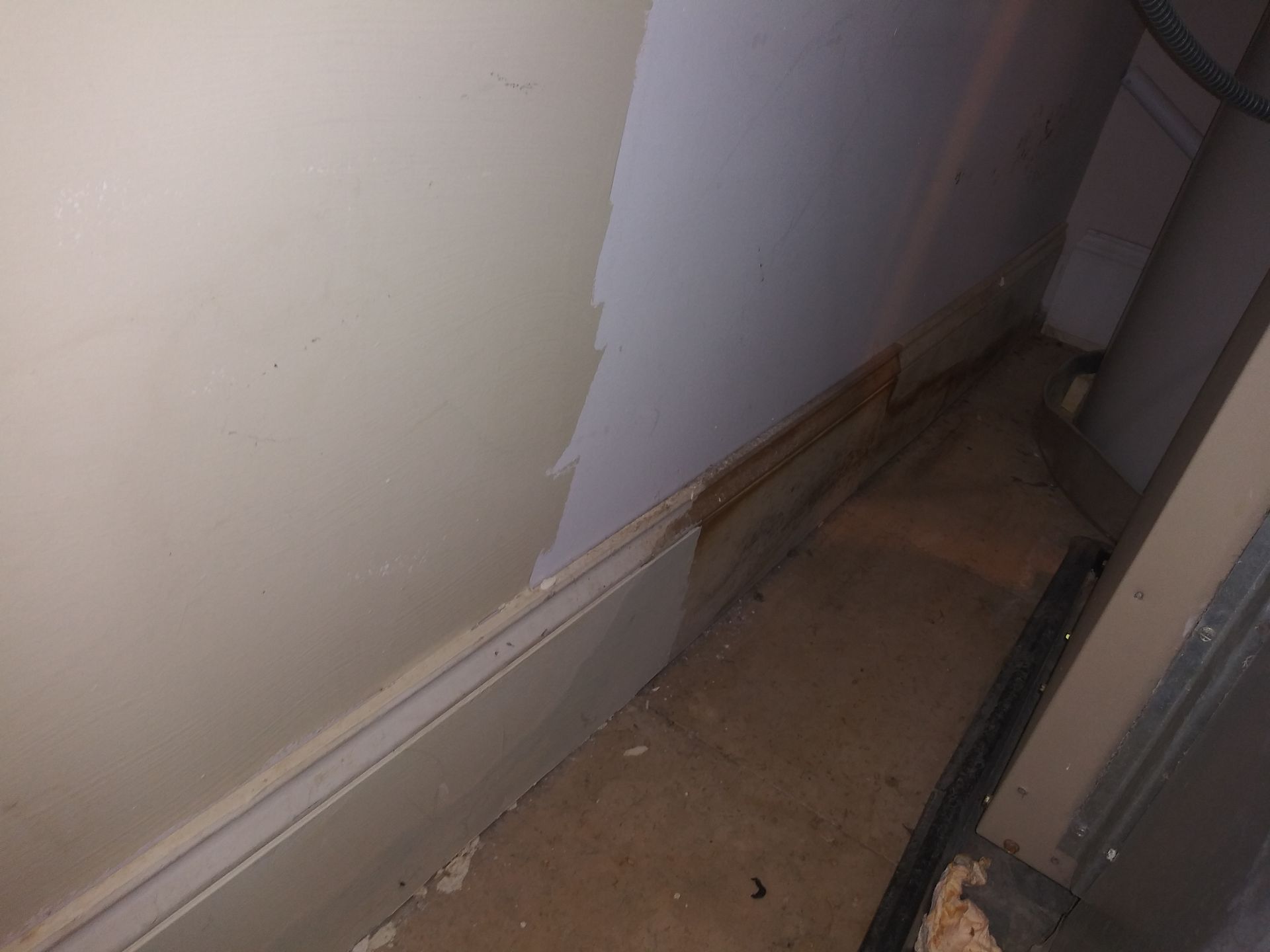 A corner of a room with a white wall and a carpeted floor.