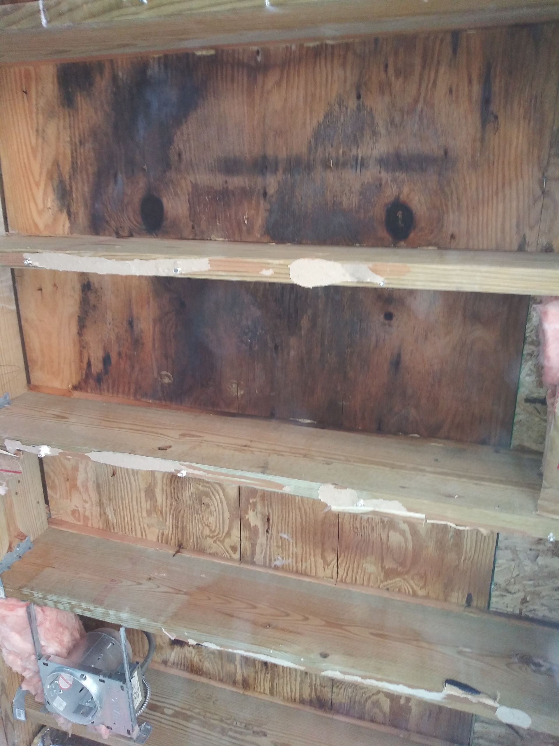 A person is holding a pair of scissors over a wooden shelf.