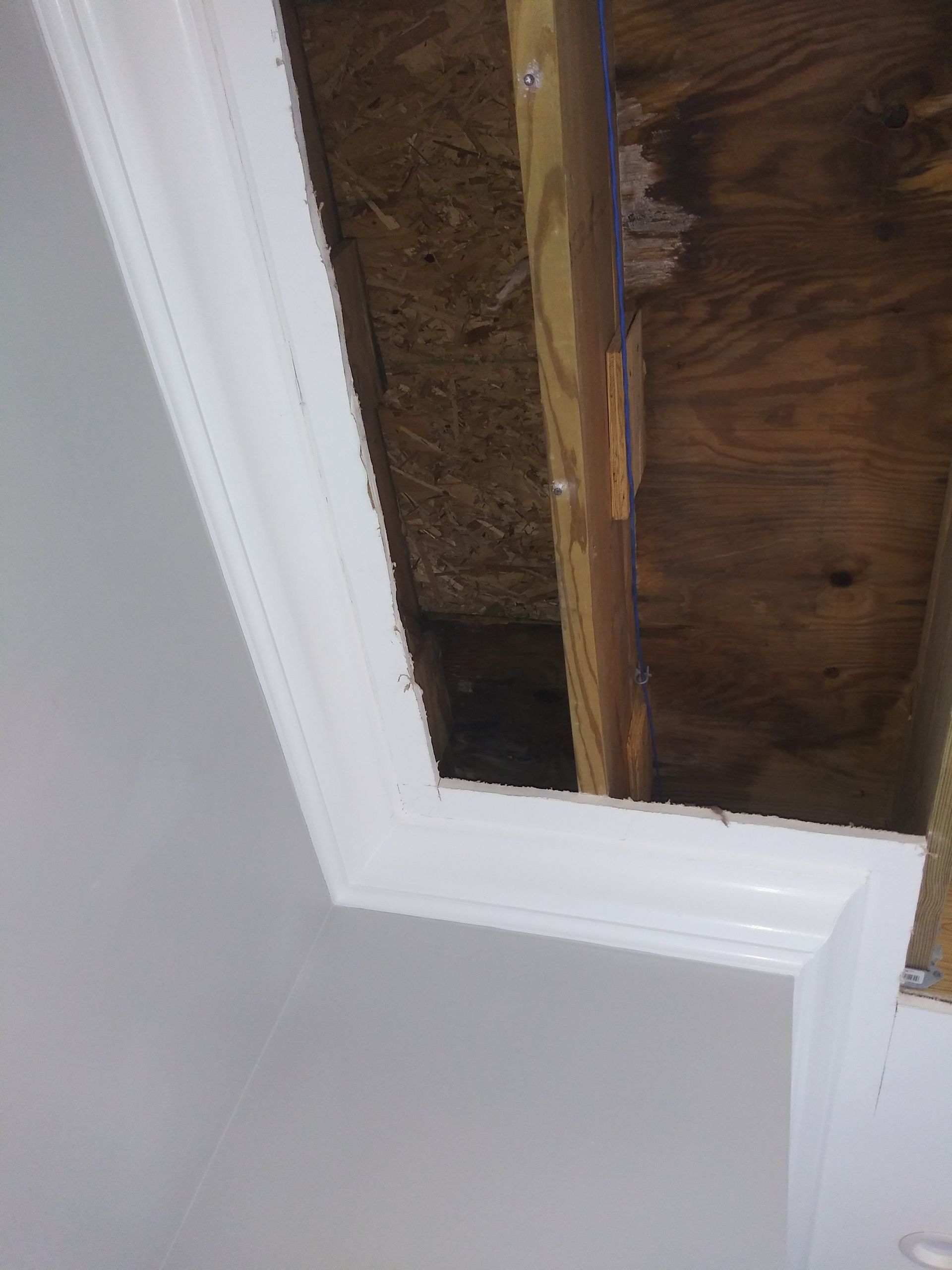 A white wall with a wooden ceiling in the background.