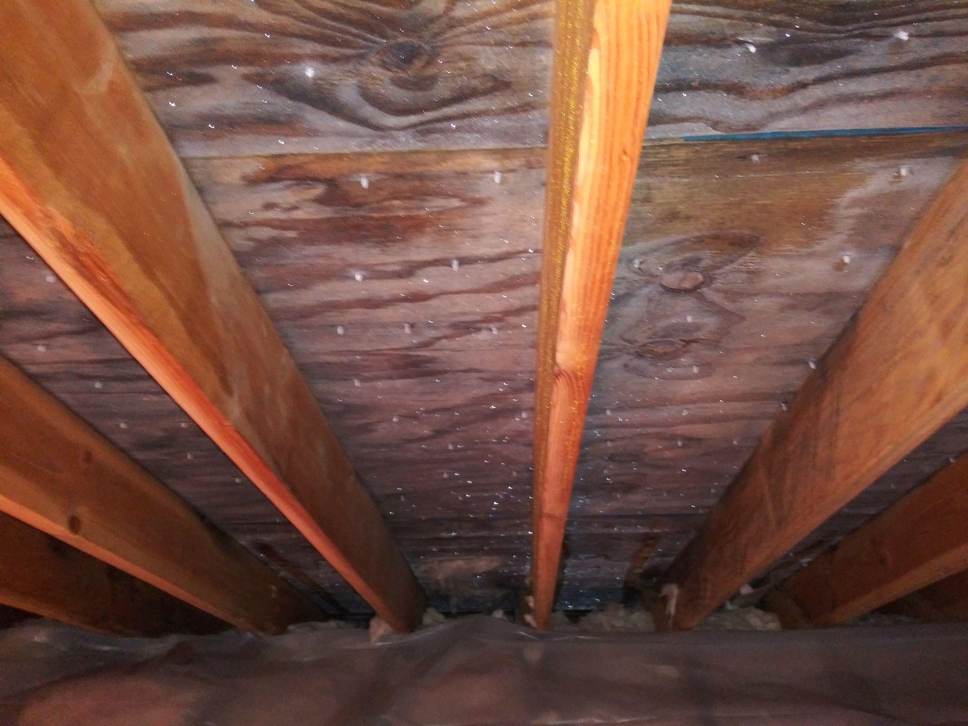 A close up of a wooden ceiling with a lot of beams.