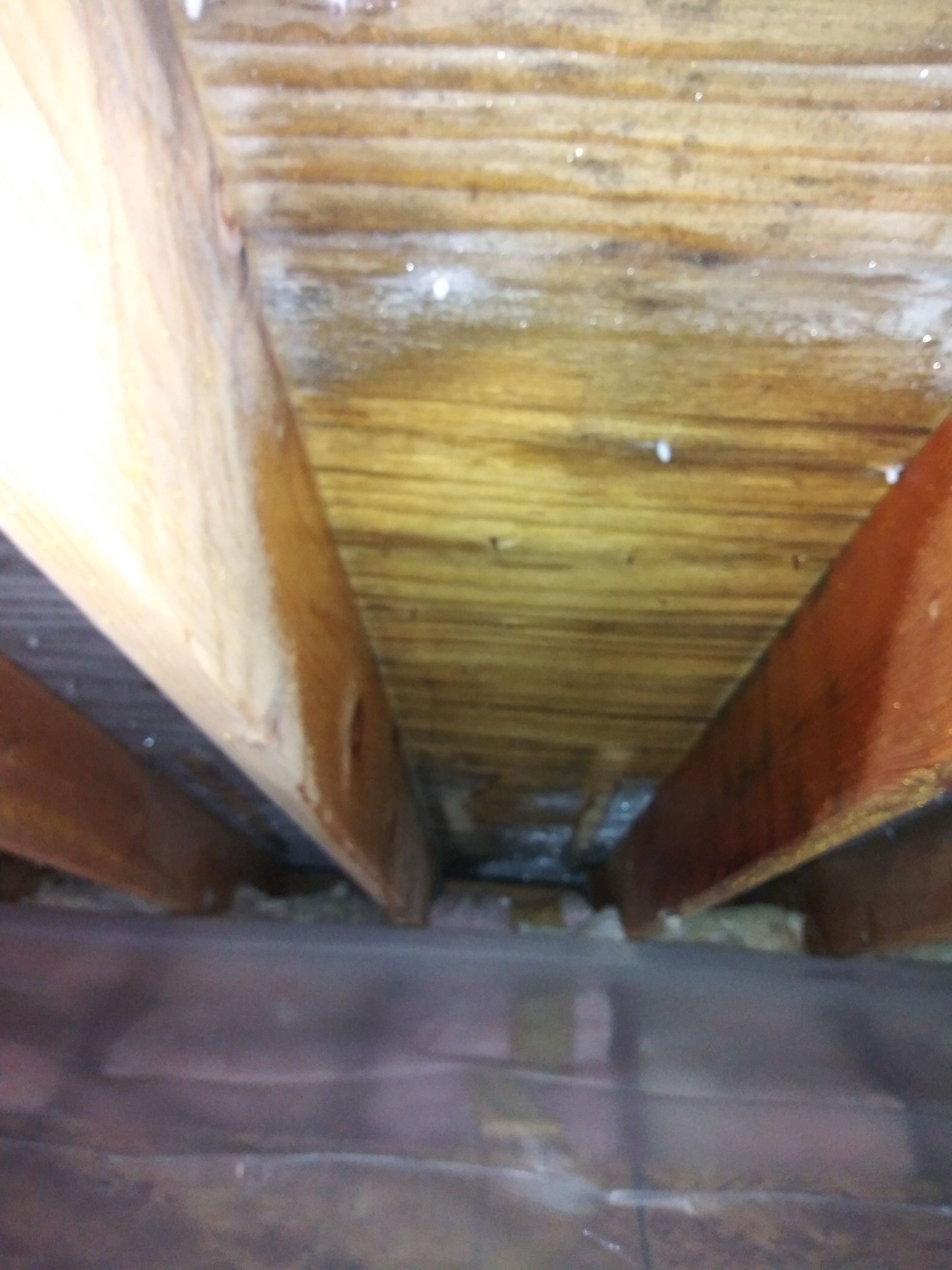 Looking up at the ceiling of a house with wooden beams.