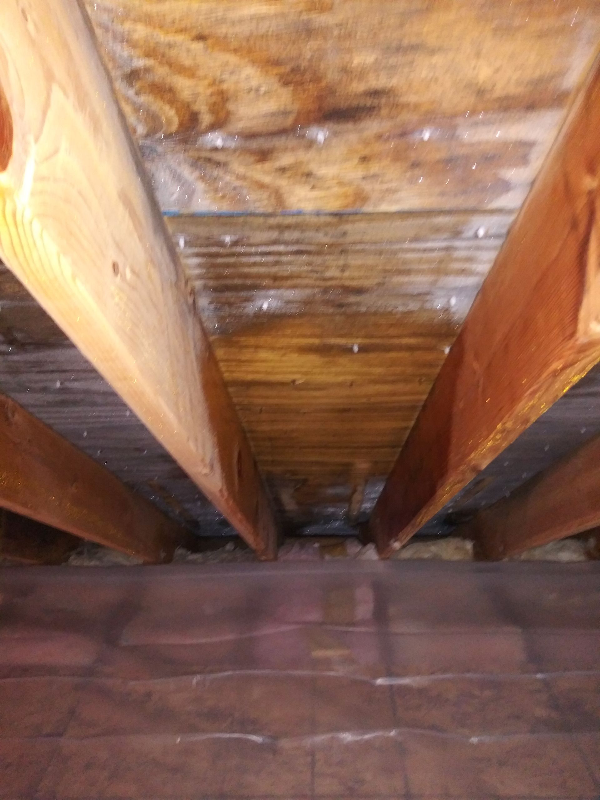 Looking up at the ceiling of a house with wooden beams.