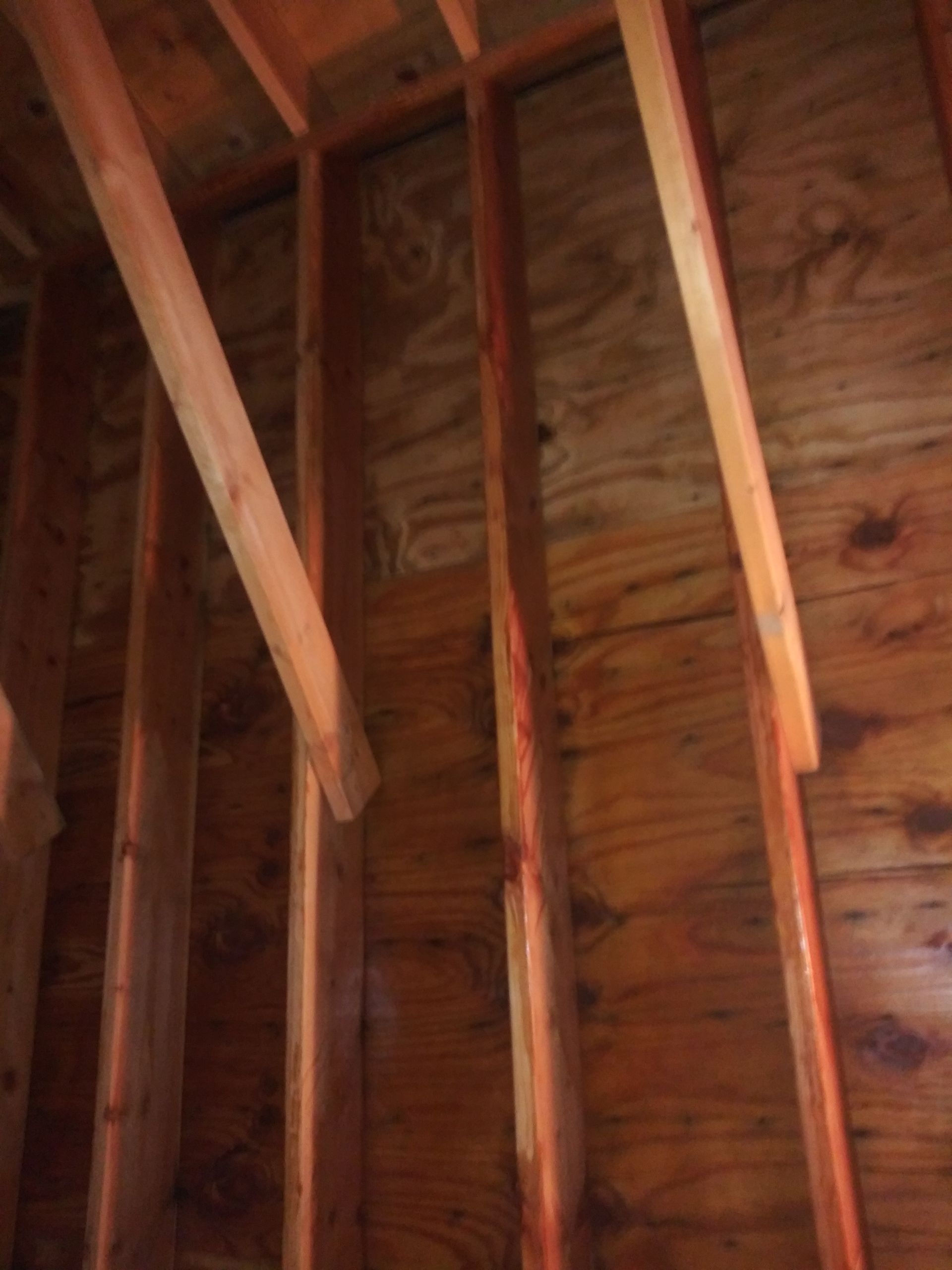 Looking up at the ceiling of a wooden structure