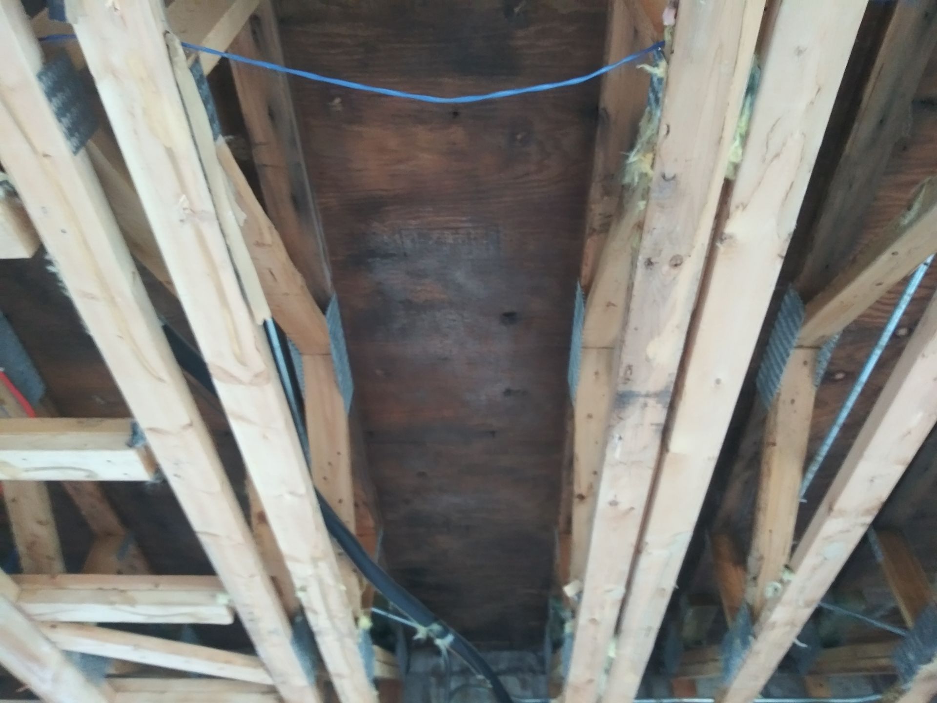 Looking up at the ceiling of a house under construction
