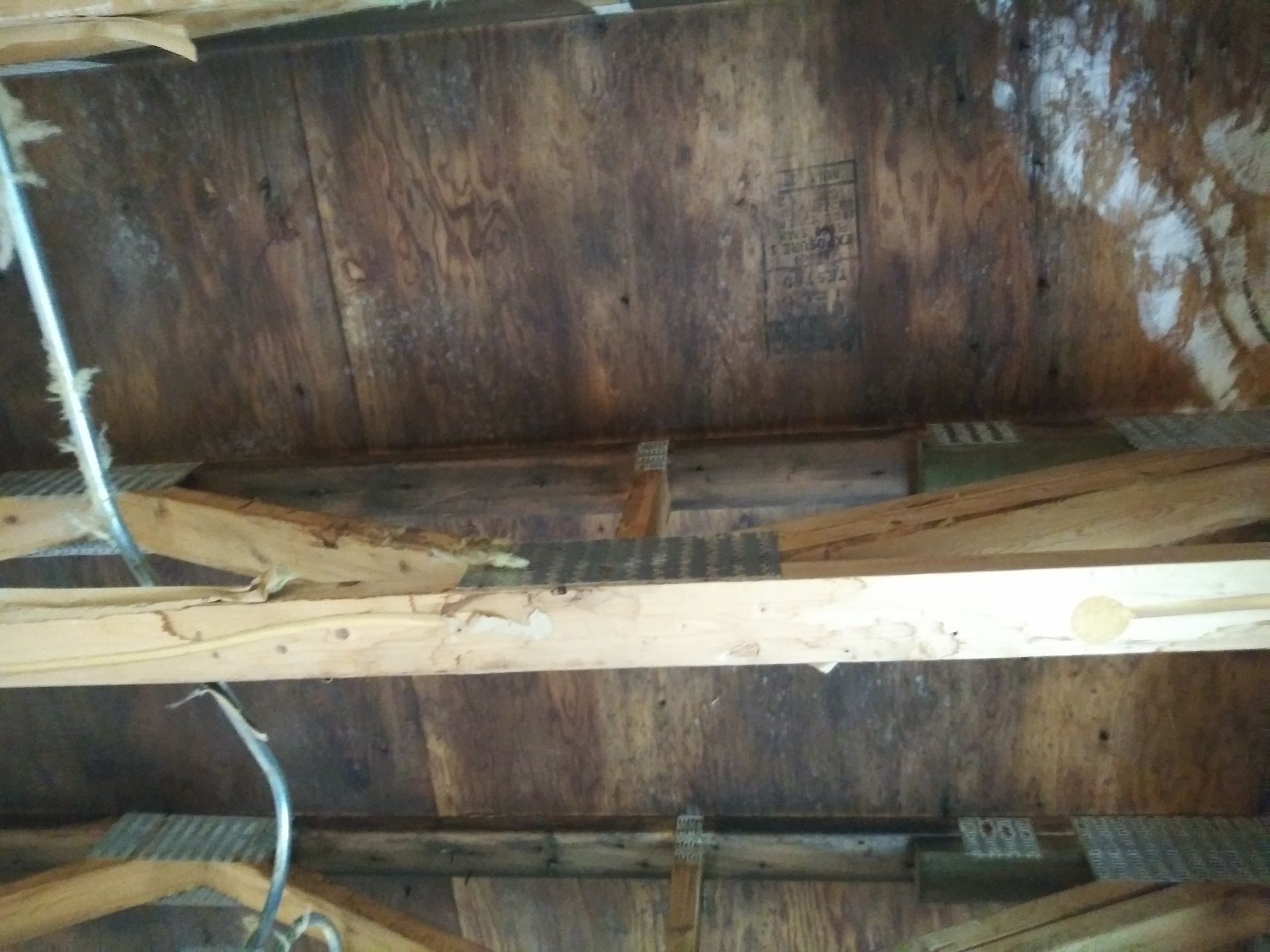 The inside of a building with wooden beams and a ceiling.
