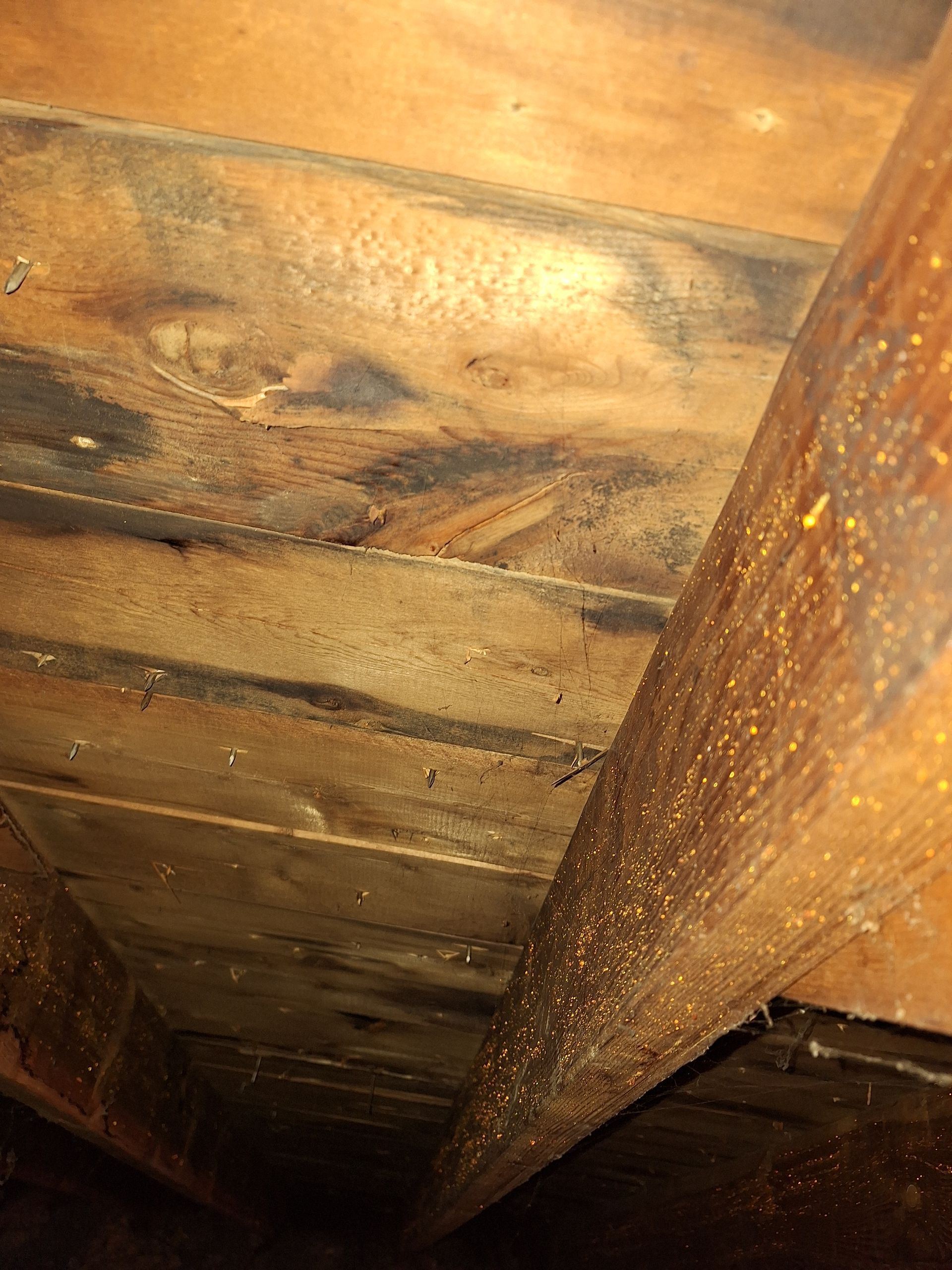 Wooden ceiling with dark stains, possible mold, and visible beams.