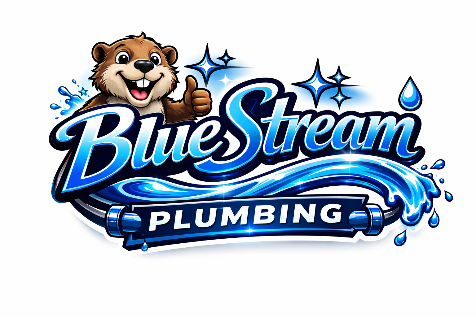 BlueStream Plumbing logo with smiling beaver giving a thumbs up over a blue water stream.
