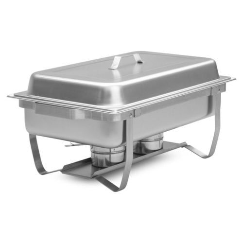 Stainless steel chafing dish with lid and folding stand, isolated on white background