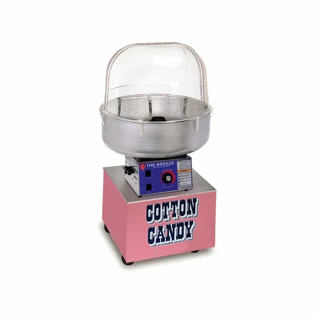 Pink cotton candy machine with clear dome and metal bowl on a white background