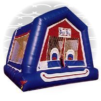 Blue inflatable bounce house with a red front and arched entrance