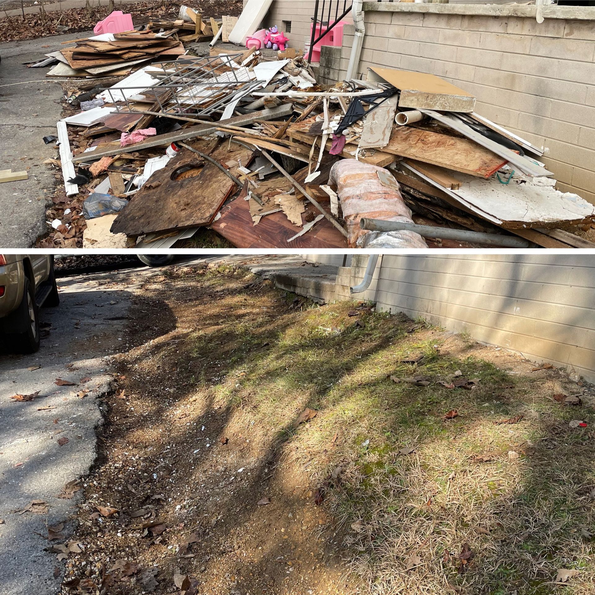a before and after photo of a hot tub removal in a backyard .