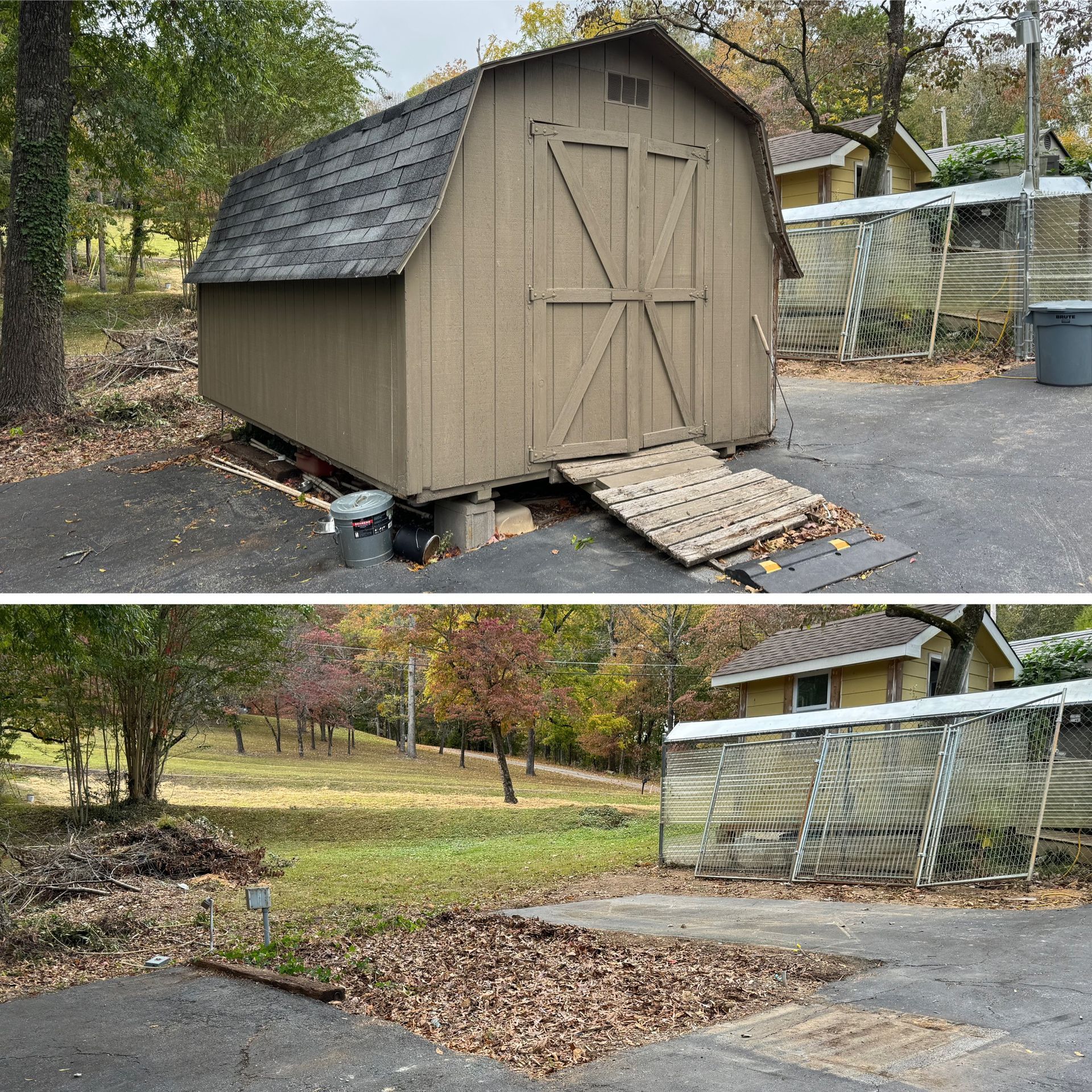 A before and after picture of a barn shed