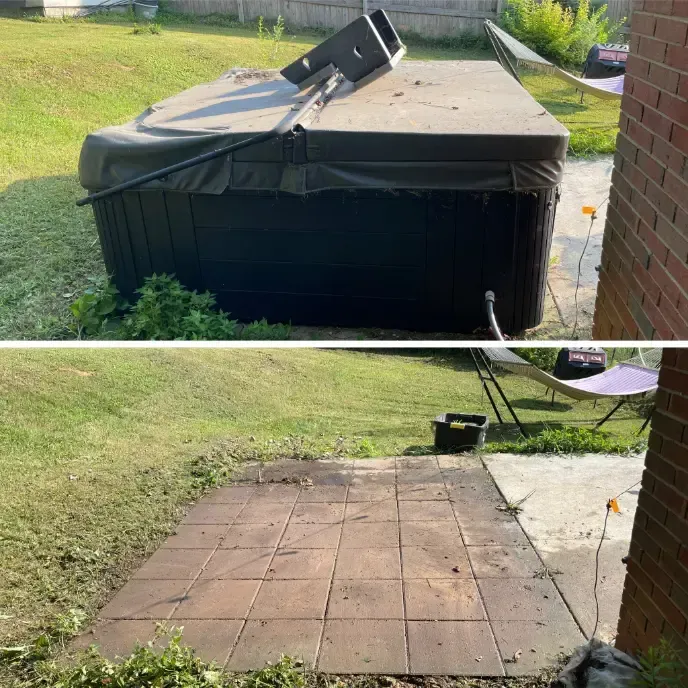 a before and after photo of a hot tub removal in a backyard .