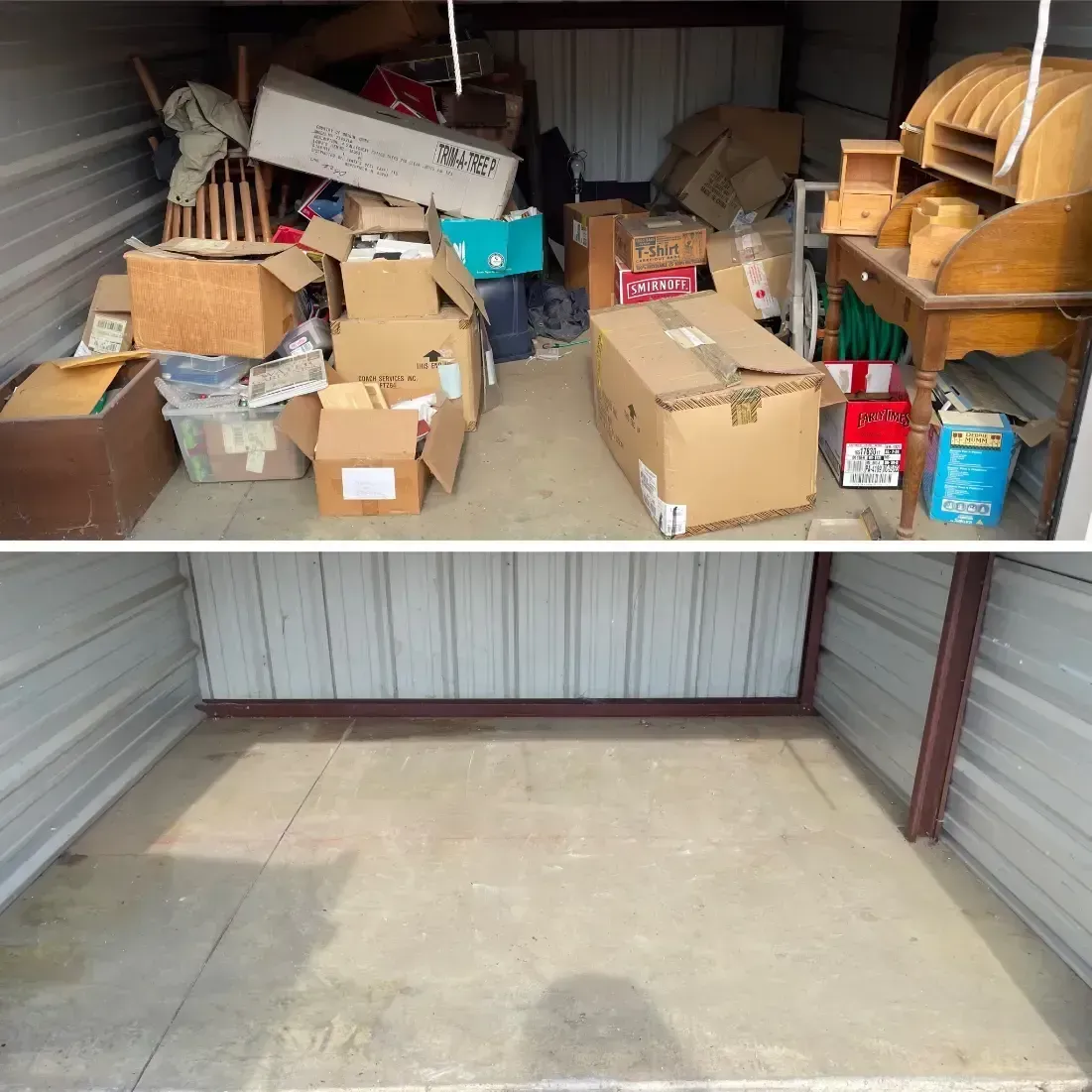 Two pictures of a storage shed filled with boxes and furniture